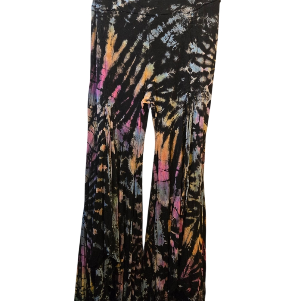Tie-Dye Flare Pants With Tie UP laces On Mid Thigh.  Assymetrical Ankle Cut.